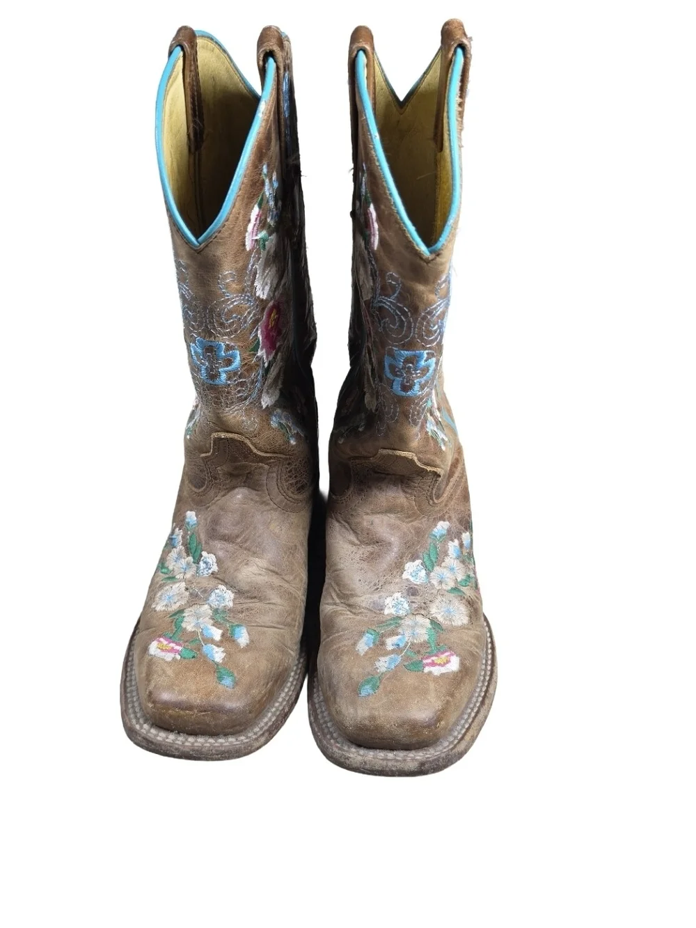 Macie Bean Western Boots Brown Floral Embroidered Square Toe Youth Size 2